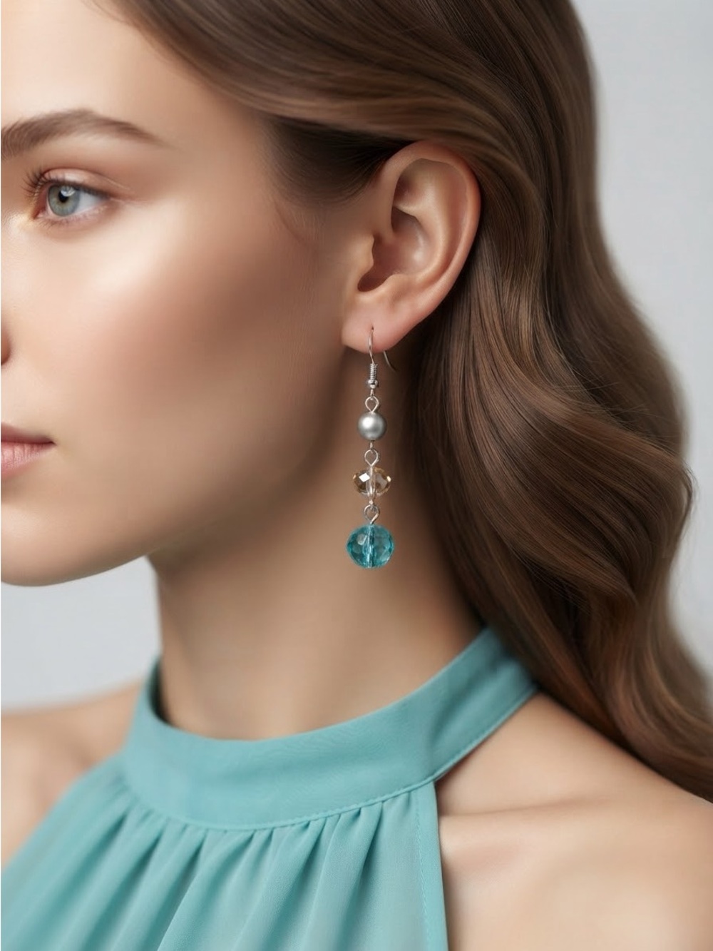 Teal & Amber Bead Dangle Earrings | Champagne Crystal Silver-Tone Fishhook
